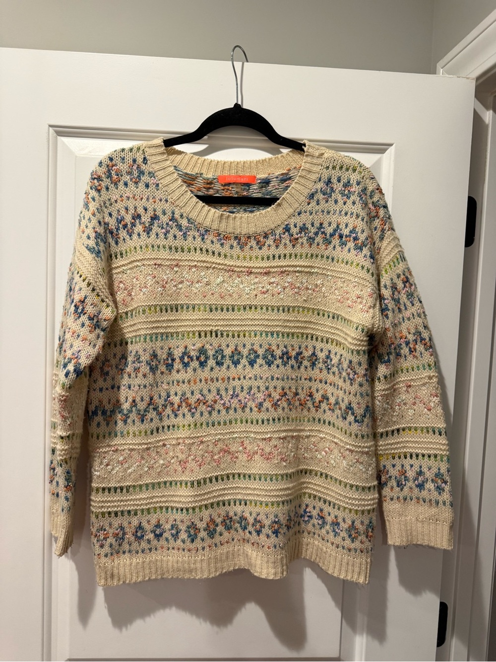 Lulumari Cream Fair Isle Crewneck Sweater with Blue & Pink Accents
